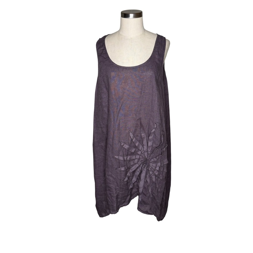 CHEYENNE Dress Purple Linen Flower Applique Lagenlook Women's L/XL Summer